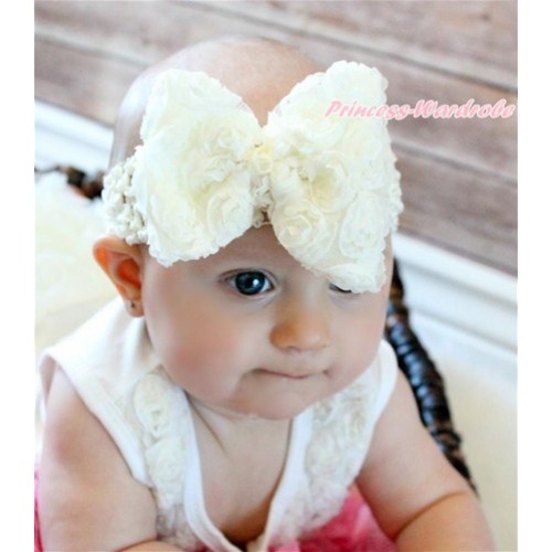 Cream White Headband With Cream White Romantic Rose Bow Hair Clip H805 
